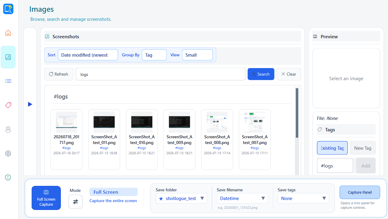 Capixe Images screen showing search results for the keyword logs